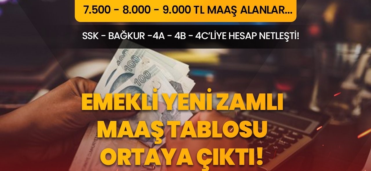 Emekli yeni zamlı maaş tablosu ortaya çıktı! 2 veri geldi, SSK- Bağ-Kur 4A, 4B, 4C'liye hesap netleşti! 7.500, 8.000, 8.500, 9.000 TL maaş alanlar...